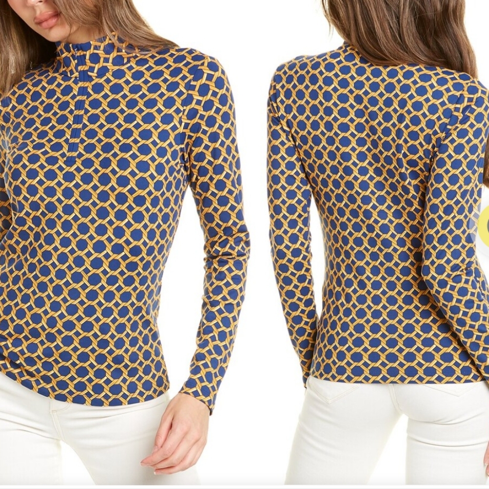 NWT Women's J. McLaughlin Bedford Quarter Zip Catalina Cloth Blue & Gold | Sz S - Picture 1 of 11